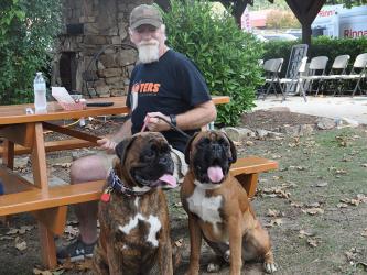 Brian Peay snacks on barbeque brisket as European Boxers, Hondo and Modi watch all the spectators who came to see the Builders Showcase, October 5.