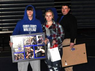 The Fannin County Rebels wrestling team celebrated eight seniors before their match with Union County Tuesday, January 21. Wrestling senior Dakota Adams was escorted by Melissa Anderson.