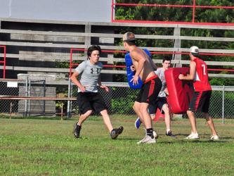 Keegan Sullivan works on a contact drill during the Copper Basin Cougar’s football team practice Thursday, June 4.