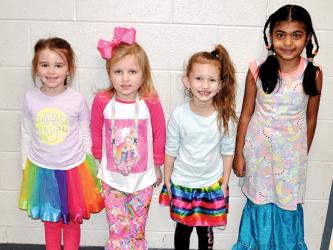 In celebrating Dr. Seuss week, Blue Ridge Elementary School students dressed in many different colors Wednesday, March 3. In their colors are, from left, Caroline Jacobson, Hayslee Lunsford, Raelynn Pittman and Trisha Patel.