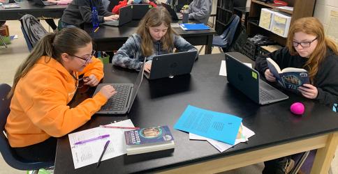 West Fannin Elementary School students Caroline Cole, Abby Pickard and Londyn Hobson are shown, from left, using their chromebooks to complete classroom assignments.