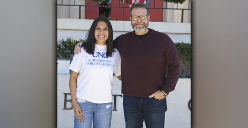Lesley Salas is shown with Pastor Bob Richardson outside First Baptist Church of Blue Ridge.