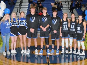 Seniors were honored last Friday night when the Fannin County High School Rebels hosted Gordon Central. Shown following the ceremony recognizing their individual accomplishments and future plans are, from left, Emily Turner, Elizabeth Ann Arp, Kiersten Queen, Kaleb Green, Landon Norton, Jordan Bennett, Reagan York, Becca Ledford and Jenna Young. 