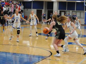 A relentless defense had been a trademark of the Fannin County Lady Rebels all season. Here, Ellie Cook, Reagan York, Courtney Davis and Becca Ledford, from left, make it hard for an opponent to get down the court.