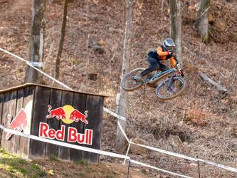 Aiden Carder catches air during the first round race of the USA Cycling National Downhill Series. 