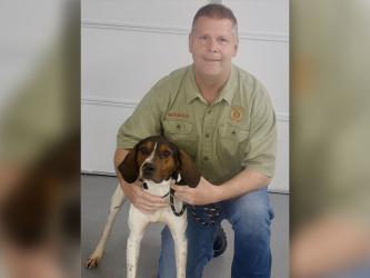 This male Walker Hound, who volunteers named Joe, was picked up on Devils Den Road in Epworth March 19. He has a white, black and brown coat. View this good boy using intake number 082-22. He is shown with animal control Officer Luke McDonald.