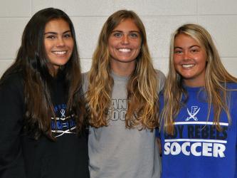 Fannin County High School senior soccer players, from left, Taylor Poland, Kinsley Sullivan and Rachael Jessen were selected to be a part of the Georgia Team in the Georgia vs. Tennessee All-Star Game at the Red Wolves Stadium Saturday, June 4. 