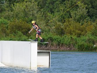 Bosun Lindsey, who is nine years old, competes at the U.S. Wake Park National Championship in Auburndale, Florida, Thursday, August 4. 