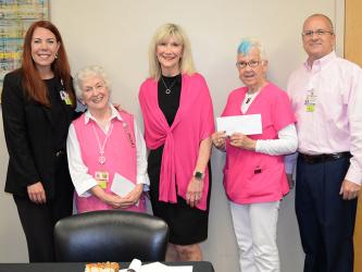 Shirley Copeland  and Jean Bonnewitz were presented pins honoring each of them for 6,500 hours of volunteer service to Fannin Regional Hospital. Copeland is also president of the Hospital Auxiliary, the Pink Ladies. Shown during the presentation of the pins are, from left, Chief Quality Officer Susan Aft, Copeland, Director of Patient Relations Susan Kiker, Bonnewitz, and Interim CEO/CFO Geoff Blomeley. 