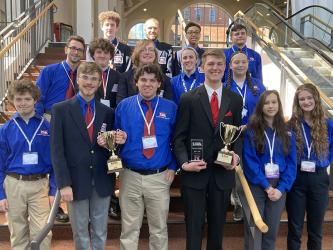 Fannin County High School Technology Students of America members proudly display the awards they won at the State Conference in Athens. From left are, front row, Chevy Phillips, James Kyle, Luke Pelfrey, Bryce Ware, Isabella Carr, and Alexis Howe; second row, Tyler Ensley, Seth Hughes, Logan Martin, Caitlin O’Mara, Fox Sharp; and, third row, Conner Kyle, Sam Jabaley, Carnaceo Dixon, and Devyn Caruthers.