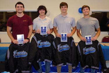 The Fannin County High School baseball team recognized their seniors as “boat crew leaders” and they received a plaque and their dugout jackets. Shown are, from left, Connor Martin, Clay Heaton, Hayden Danner and Bryson Holloway. 