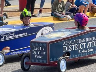 These drivers squared off in last year’s Blue Ridge Soap Box Derby. Organizers are promising this Saturday’s action will be bigger and better than ever. Racing starts at 10 a.m. at Fannin County Middle School with gates opening at 9 a.m. A field of nearly 50 drivers is scheduled to compete.