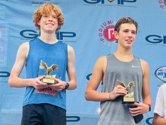 Koen Verner, left, was the overall winner in the Freedom 5K with a time of 17:24. He is shown after the race with runner-up Charles Clark.