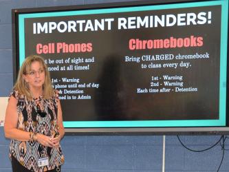 Jill Dyer introduced incoming freshmen at Fannin County High School to some of the rules they are expected to follow when an open house was held for the new students Tuesday, August 1.