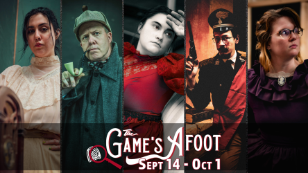 The case of The Game’s Afoot includes, from left, Stephanie Boyce Smith, Jim Sweeney, Lauren Jenkins, Jacob McVey, and Aubry Dean. the show opens Thursday, September 14, at the Blue Ridge Community Theater.