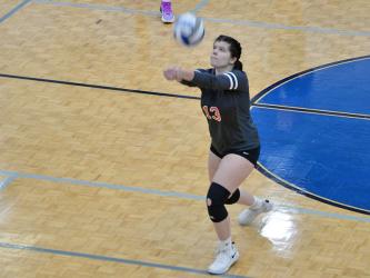 Nicole Marrie sets up a shot for the Lady Cougars in volleyball action earlier this year. She had nine aces against Polk County.
