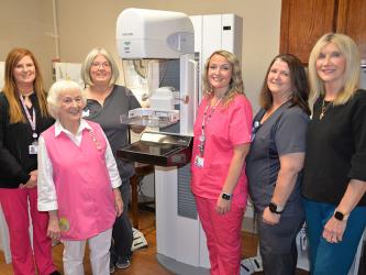 Preparing for mammogram screenings during Ladies Night out are, from left, Kim Patterson, Shirley Copeland, Vera Sales, Stephanie Brackett, Tosha Noland and Susan Kiker. Copeland, president of the Hospital Auxiliary at Blue Ridge Medical Center, is a cancer survivor.  Ladies Night Out, October 17, will feature mammogram screenings for $99.