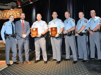 Georgia State Patrol troopers from Post 27 in Blue Ridge accepted a Governor’s Highway Safety Office (GOHS) award as Agency of the Year. Shown during the presentation are, from left, Trooper Greer Huss, McCaysville Police Chief Michael Earley who represented the GOHS, Sergeant First Class Jason Bradburn, Trooper First Class (TFC) Ethan Hajnal, TFC Mike Fowler, TFC Aaron Deyton and Corporal Barrett Smith.